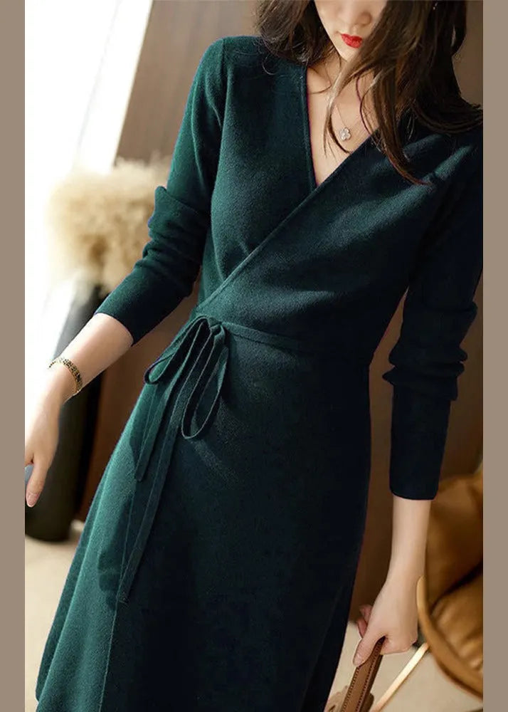 Navy V Neck Lace Up Patchwork Cotton Knit Mid Dress Fall