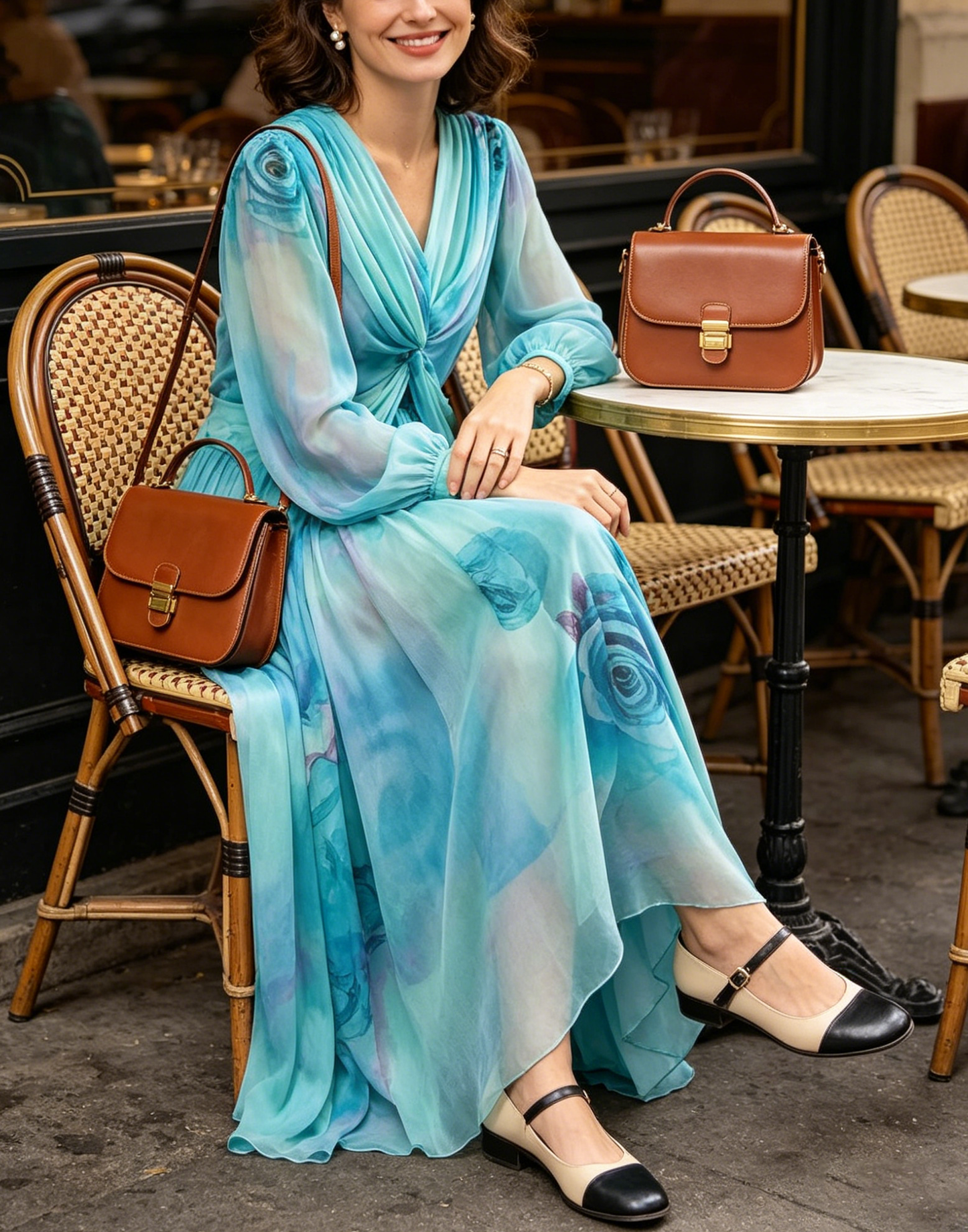 Stylish Blue V Neck Print Patchwork Exra Large Hem Silk Dress Spring