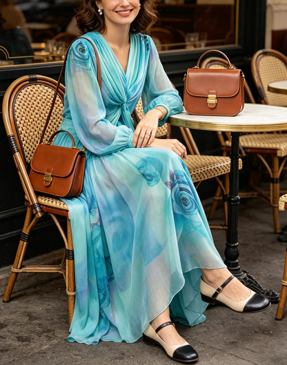 Stylish Blue V Neck Print Patchwork Exra Large Hem Silk Dress Spring