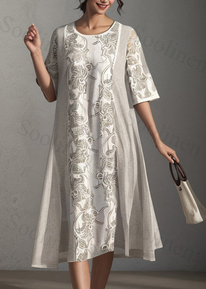 Apricot O Neck Print Patchwork Silk Dress Summer
