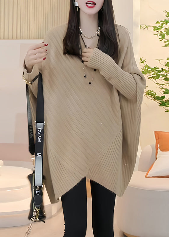 Loose Light Khaki V Neck Cozy Knit Sweater Batwing Sleeve Spring