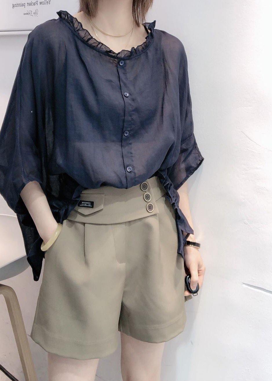 Black Tops Ruffles Trim Half Sleeve Shirts Blouse