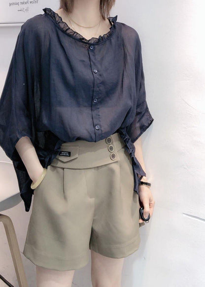 Black Tops Ruffles Trim Half Sleeve Shirts Blouse