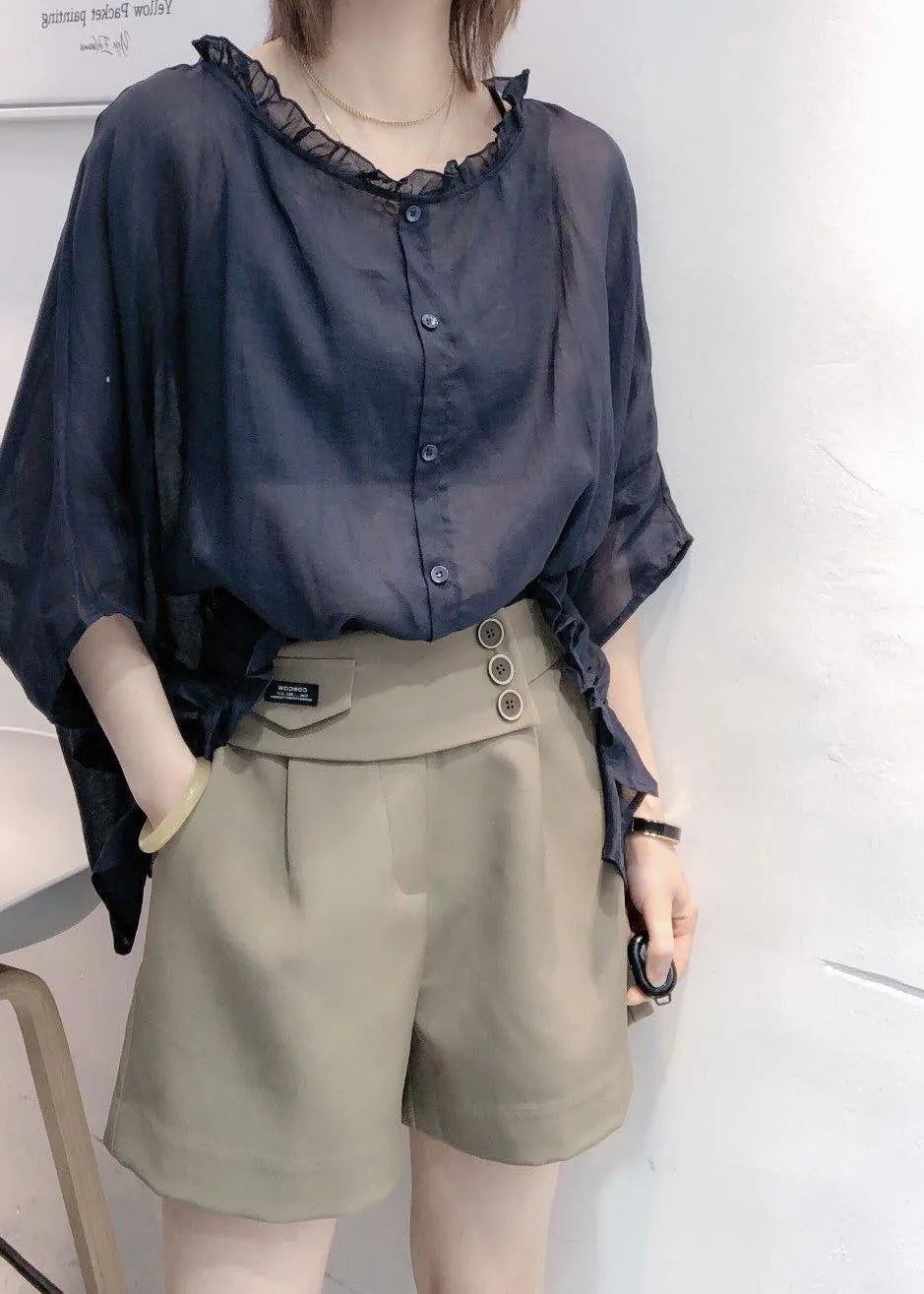Art Navy Tops Ruffles Trim Half Sleeve Shirts Blouse