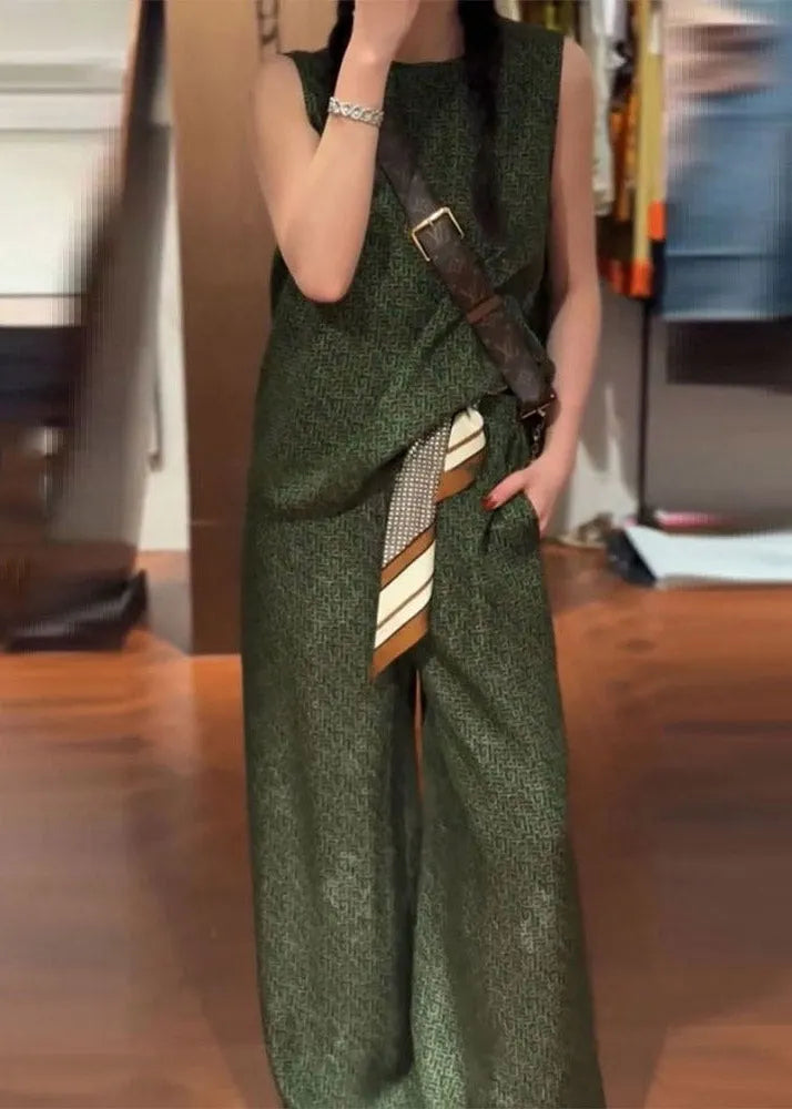 Green O-neck Satin Vest and Wide Leg Pants Two Pieces Set Summer