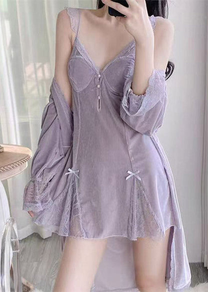 Purple V Neck Patchwork Silk Velour Blended Cardigans and Slips Lingerie Sets