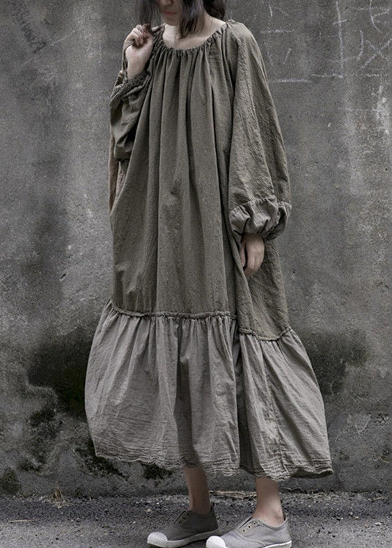 Grey Lace Up Wrinkled Patchwork Cotton Long Dresses Spring