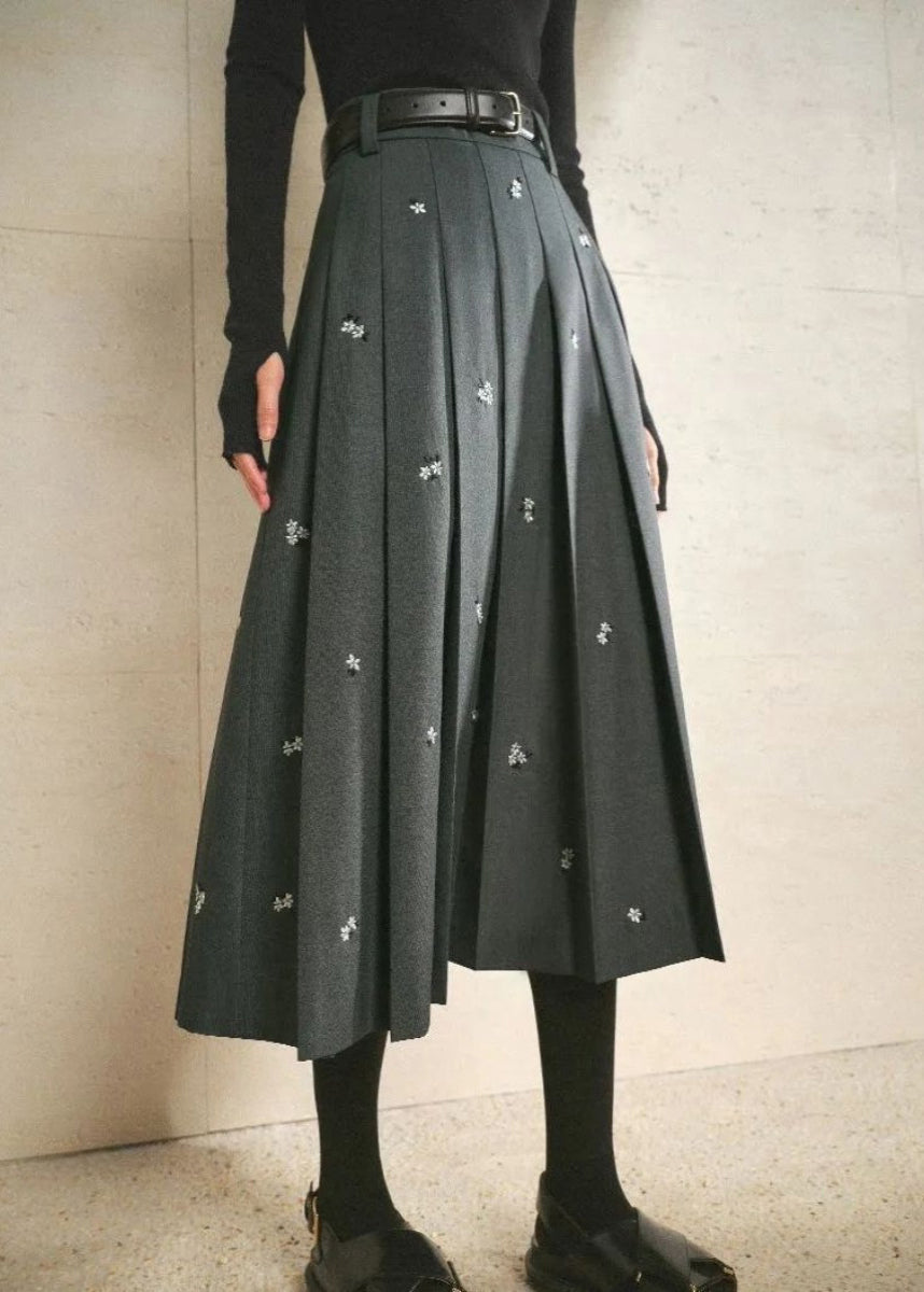 Grey Embroideried Cotton Pleated Skirt Spring