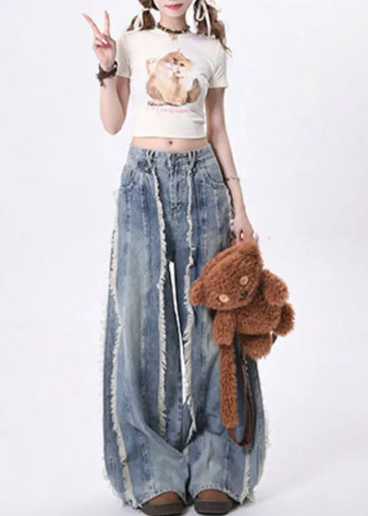 Blue Tasseled Patchwork Denim Straight Pants Spring