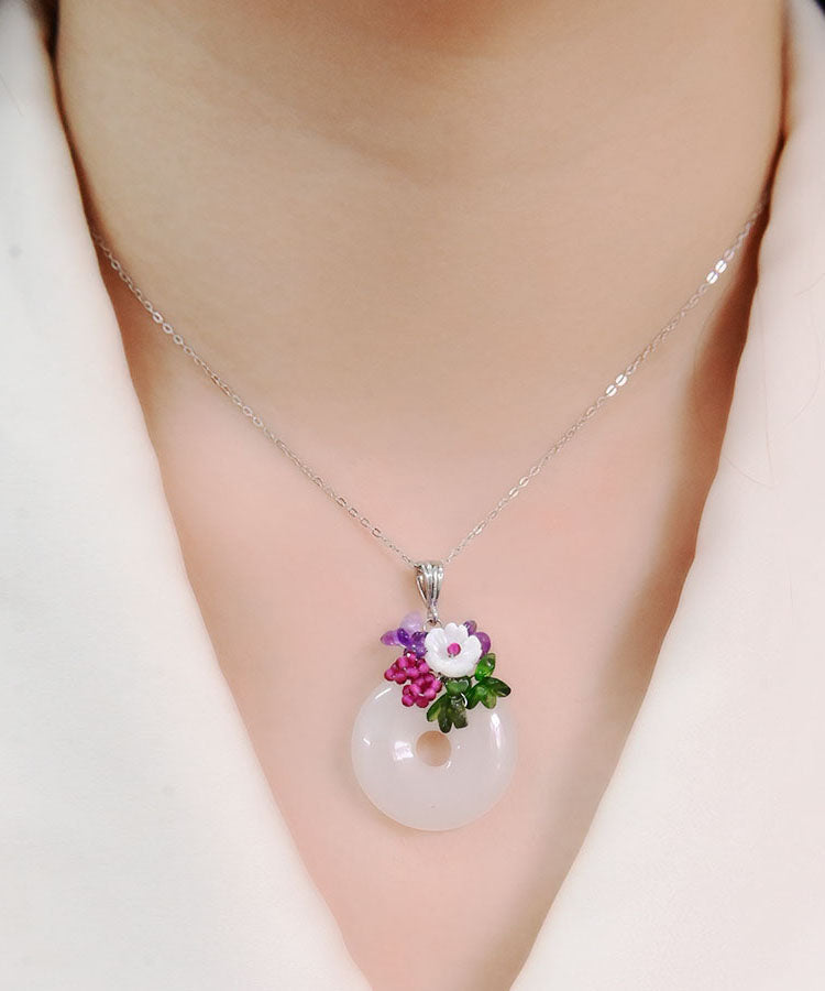 White Sterling Silver Jade Ping Buckle Pendant Necklace