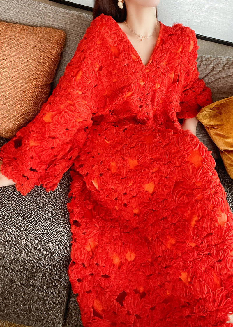 Stylish Red V Neck Hollow Out Lace Long Dress Flare Sleeve