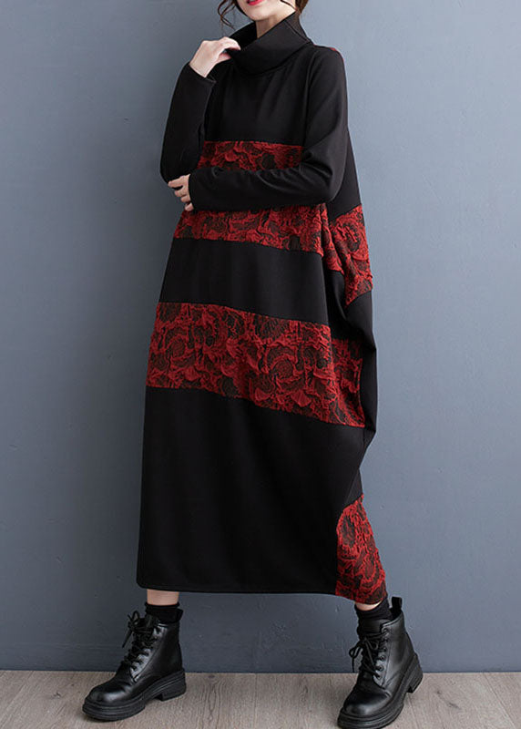 Green Turtleneck Patchwork Print Pockets Maxi Dresses Fall