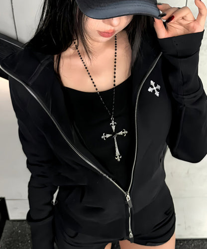 Black Metal Zircon Beads Cross Gratuated Bead Necklace