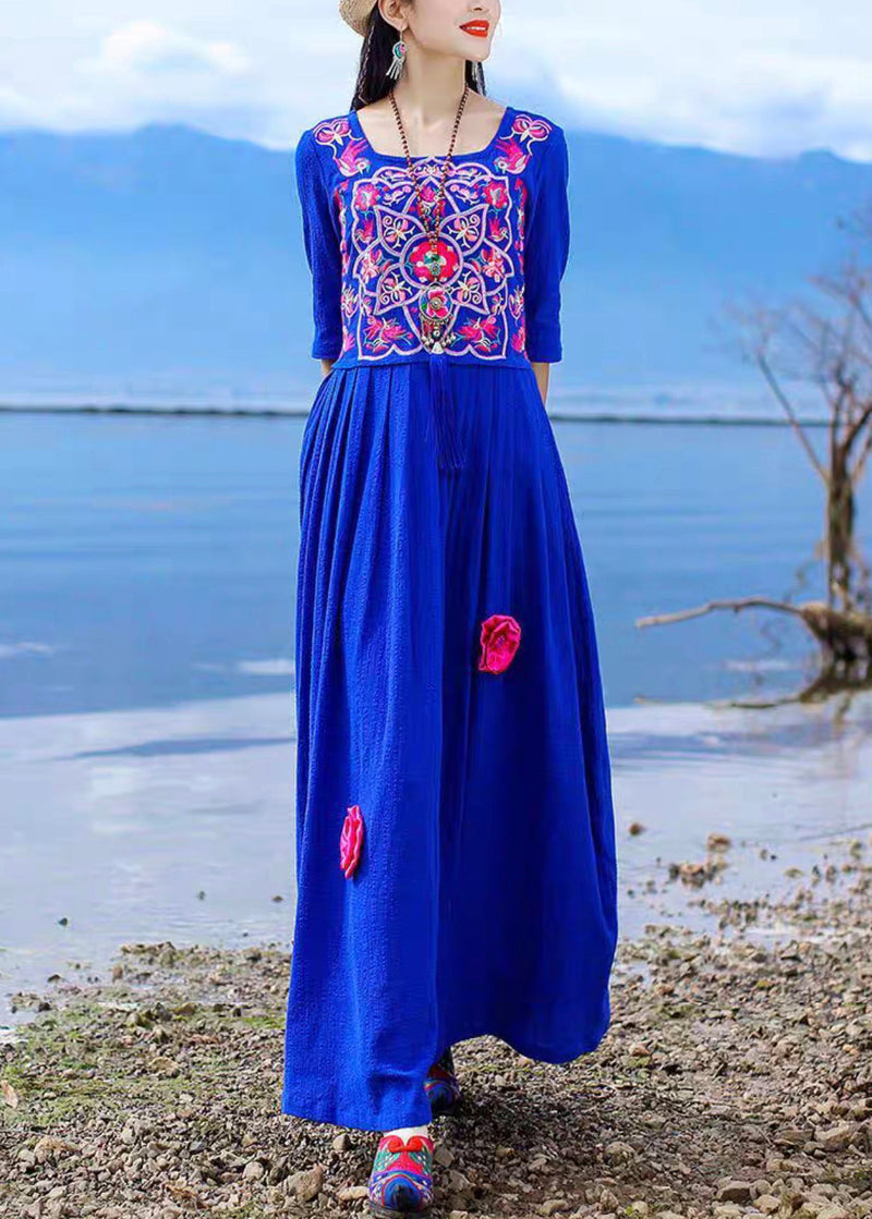 Blue Embroidered Tie Waist Cotton Long Dress Half Sleeve