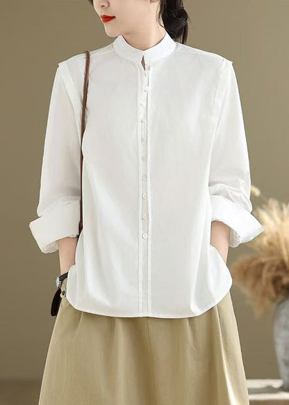 Simple White Stand Collar Button Cotton Shirts Spring