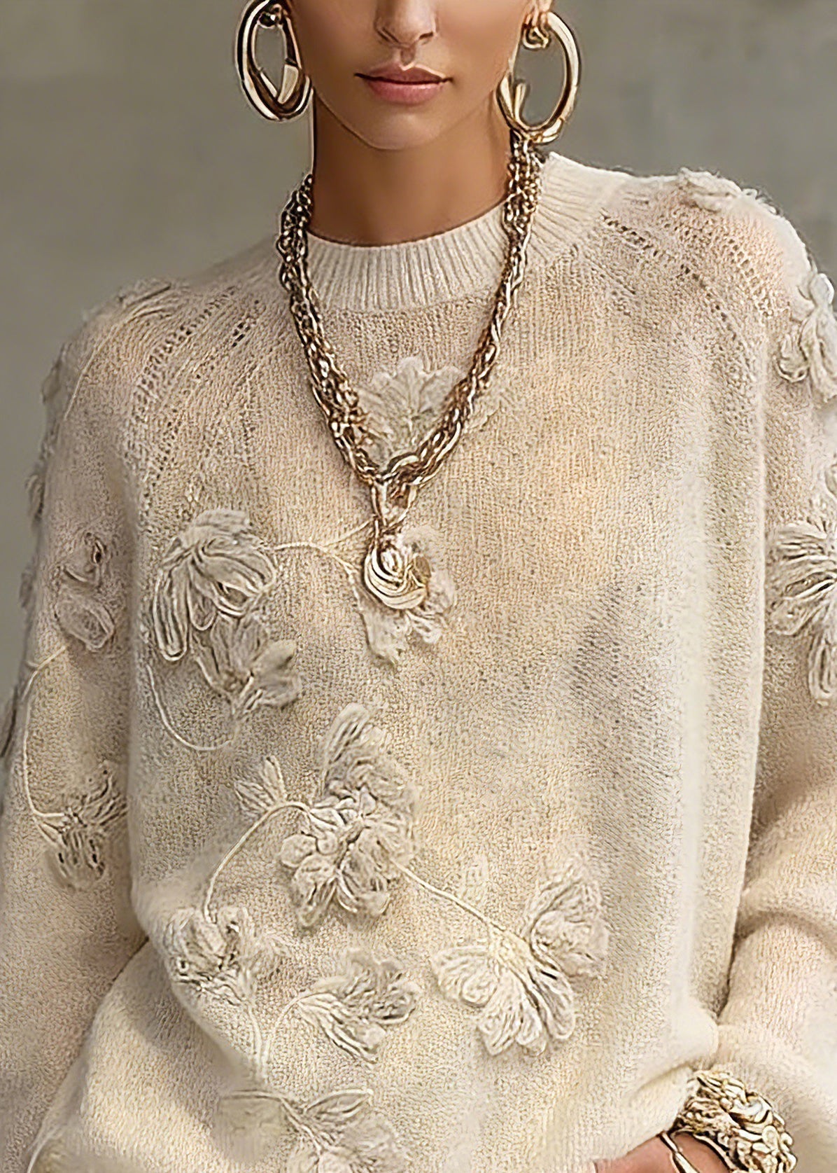Beige O-neck Embroidered Cotton Knit Sweaters Spring
