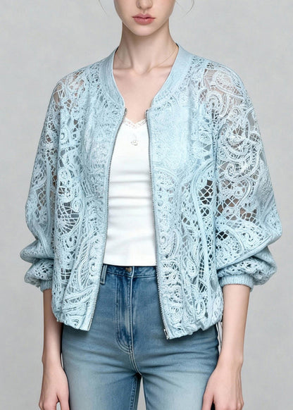 Blue Zip Up Hollow Out Lace Coats Summer