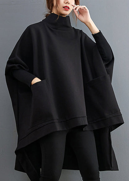 Black Turtleneck Asymmetrical Pockets Low High Design Cotton Pullover Long Sleeve
