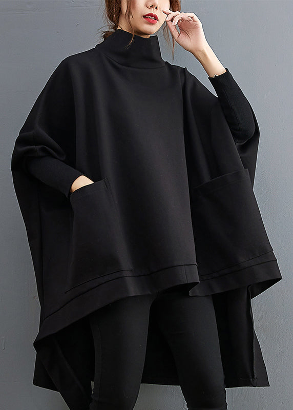 Black Turtleneck Asymmetrical Pockets Low High Design Cotton Pullover Long Sleeve