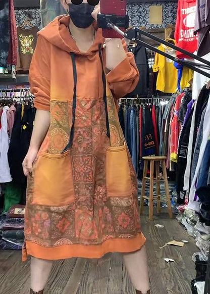 Orange Hooded Print Long Dresses Spring Cotton Dress