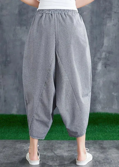Stitching Cotton Linen Drop Crotch Pants Summer Linen Plaid Loose Large Size