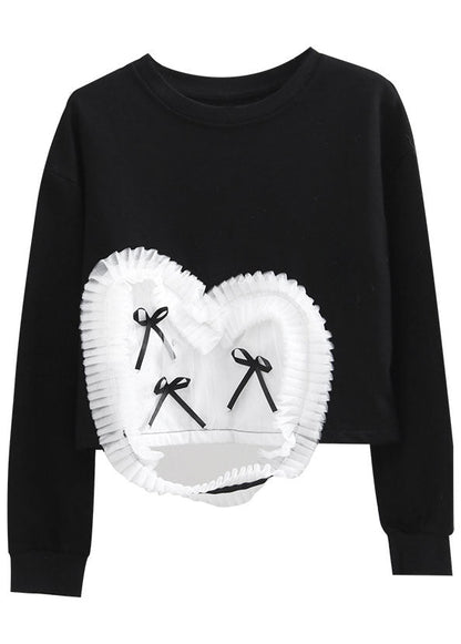 Handmade Black O-neck Tulle Patchwork Warm Fleece Pullover Street Wear Spring