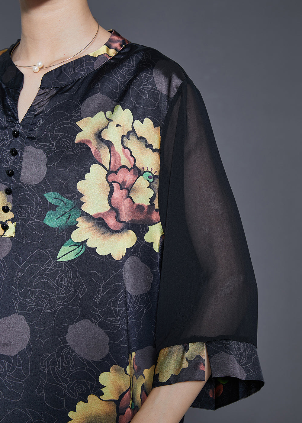 Black Oversized Print Draping Silk Two Pieces Set