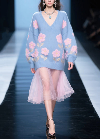 Blue Patchwork Tulle Flower Jacquard Knit Dress Winter
