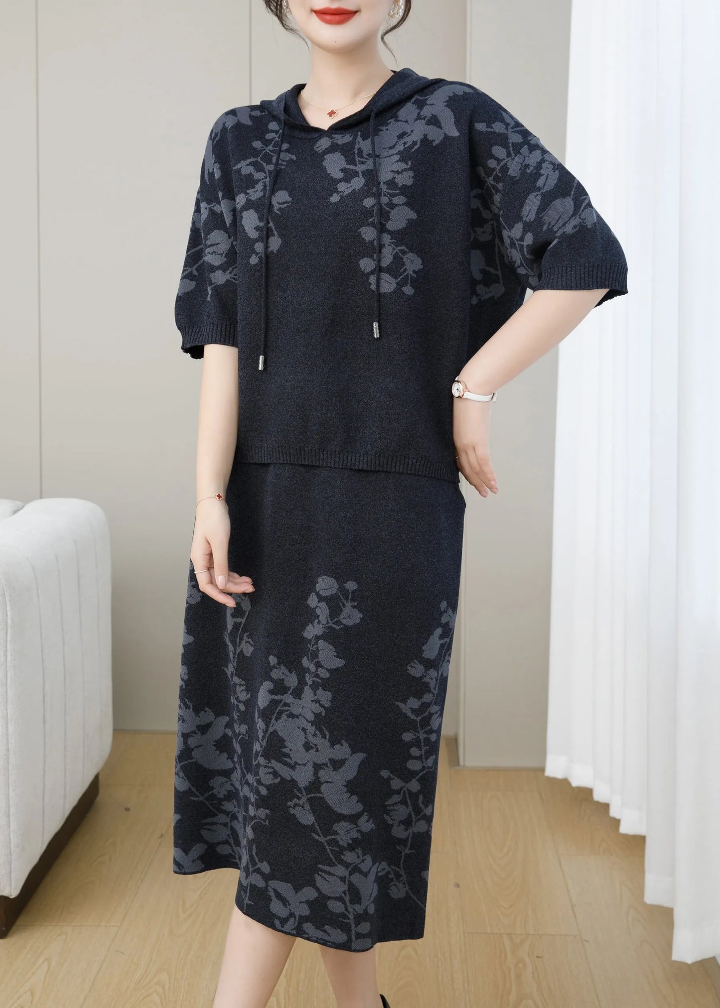 Navy Hooded Jacquard Patchwork Knit Two Piece Set Fall