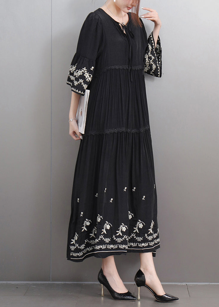 Black Lace Up Ruffled Cotton Long Dresses Embroidered Flare Sleeve Fall