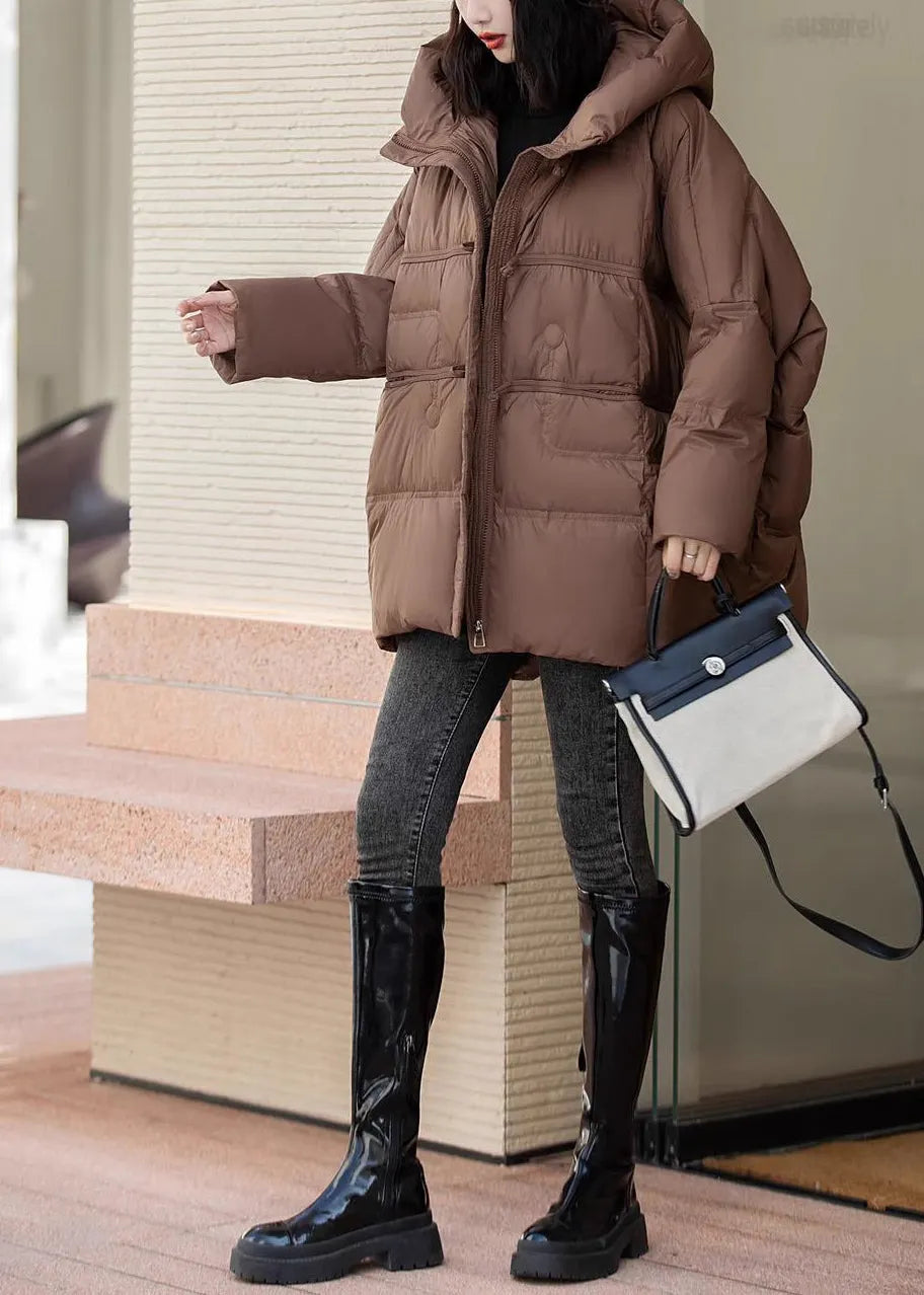 Brown Oversized Duck Down Hooded Coats Winter