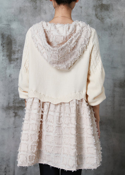 Beige Hooded Patchwork Knit Dress Spring