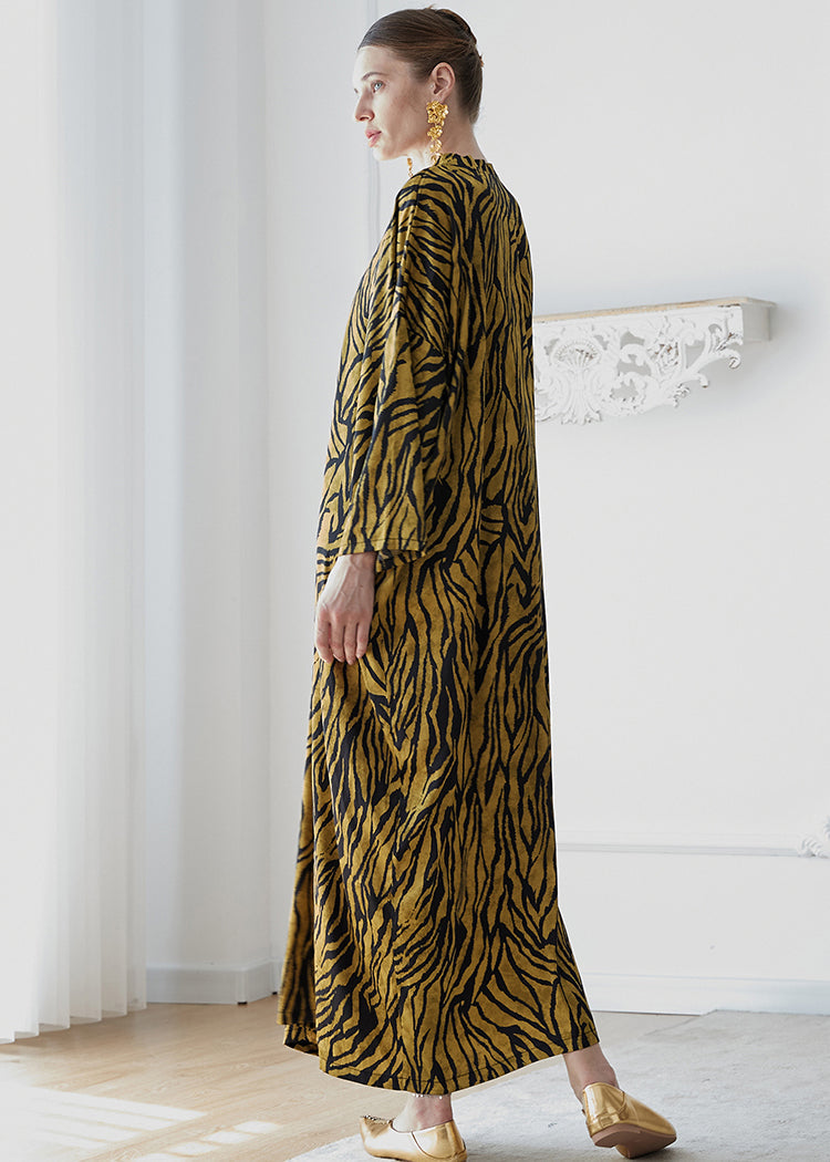 Yellow V Neck Print Patchwork Silk Robe Dresses Fall