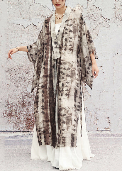 Grey Print Lace Up Side Open Cotton Long Coat Half Sleeve
