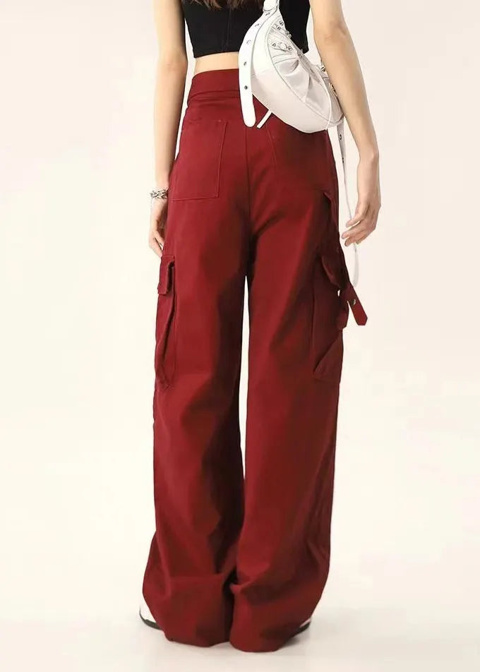 Stylish Red Pockets High Waist Denim Pants Spring