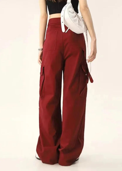 Stylish Red Pockets High Waist Denim Pants Spring