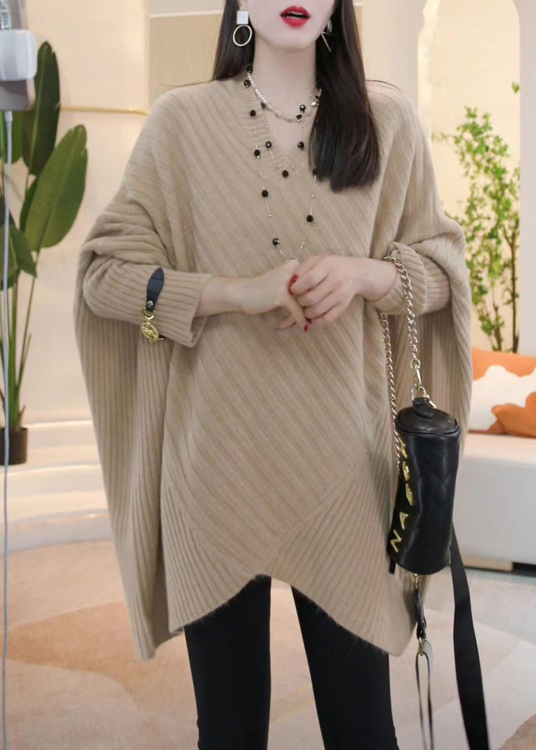 Loose Light Khaki V Neck Cozy Knit Sweater Batwing Sleeve Spring
