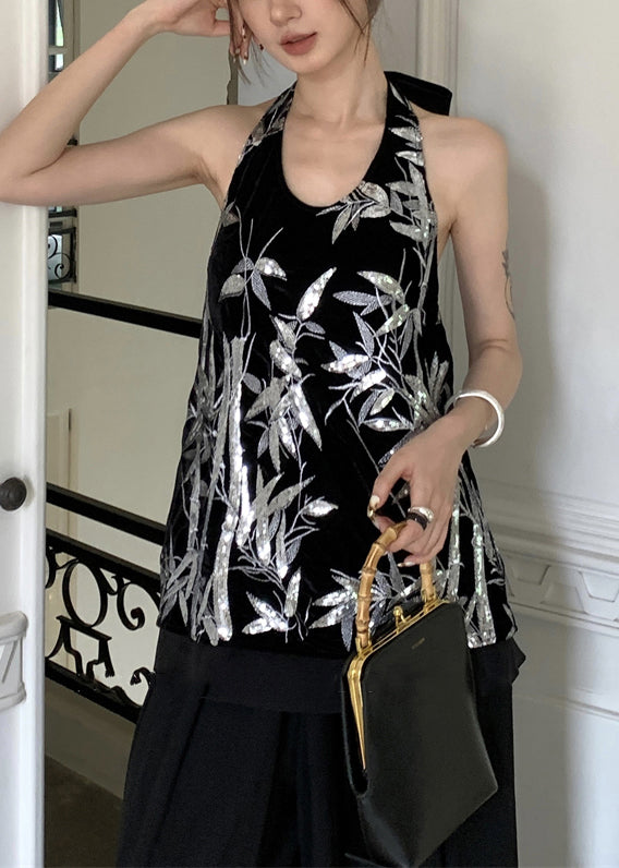 Black Lace Up Sequins Silk Velour Tank Sleeveless