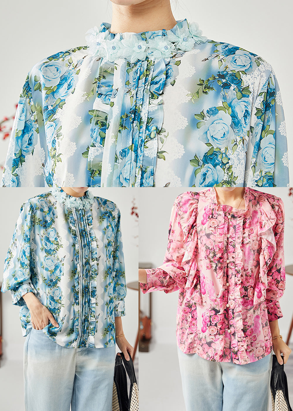 Red Print Patchwork Ruffled Silk Shirt Tops Spring