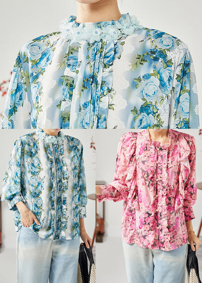 Red Print Patchwork Ruffled Silk Shirt Tops Spring