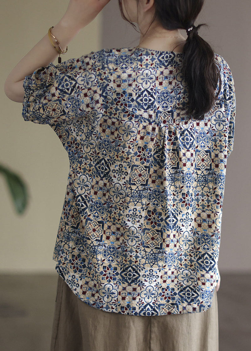 Blue O-neck Original Design Print Linen Tank Short Sleeve