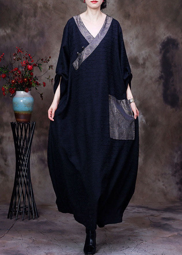 Black V Neck Patchwork Pocket Wrinkled Silk Dress Long Sleeve
