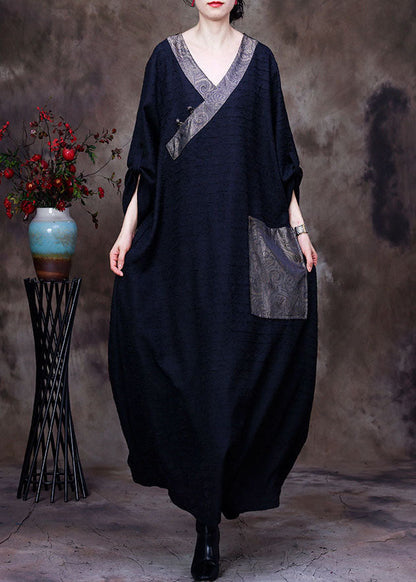 Black V Neck Patchwork Pocket Wrinkled Silk Dress Long Sleeve