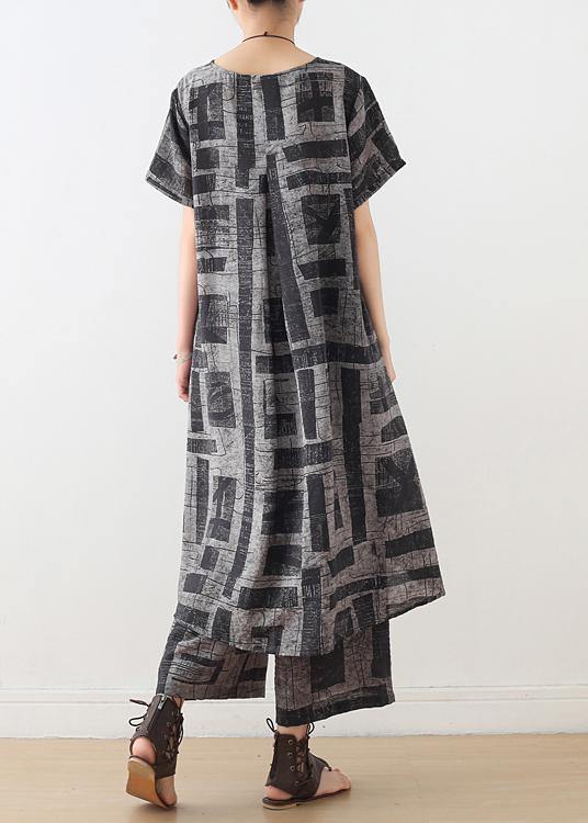 Gray Prints Chiffon Two Pieces Side Open Tops and Elastic Waist Wide Leg Pants