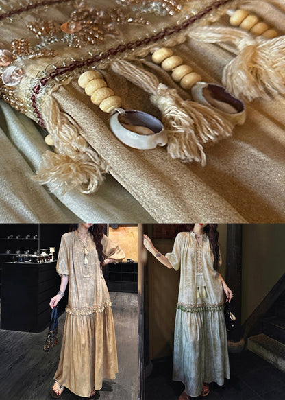 Yellow Print Tasseled Silk Long Dress V Neck Half Sleeve