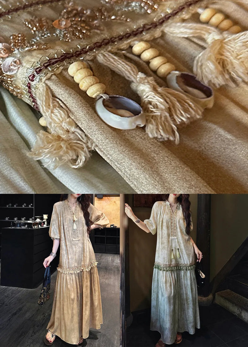 Loose Green Tasseled Silk Long Dresses Butterfly Sleeve