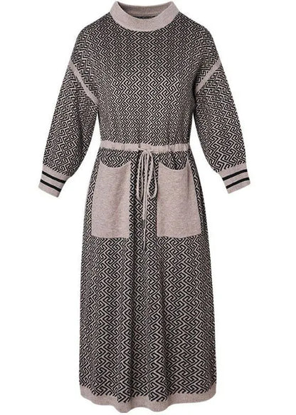 Camel Patchwork Long Knit Dress Pockets Tie Waist Long Sleeve