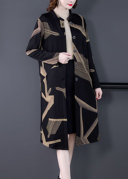 Black Stand Collar Oversized Print Coat Outwear Long Sleeve