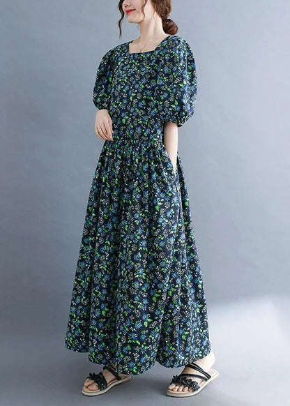 Black Loose Square Collar Print Pockets Summer Robe Dresses Puff Sleeve