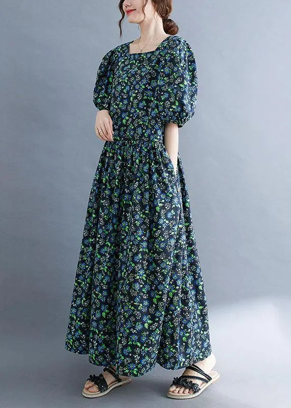 Black Loose Square Collar Print Pockets Summer Robe Dresses Puff Sleeve